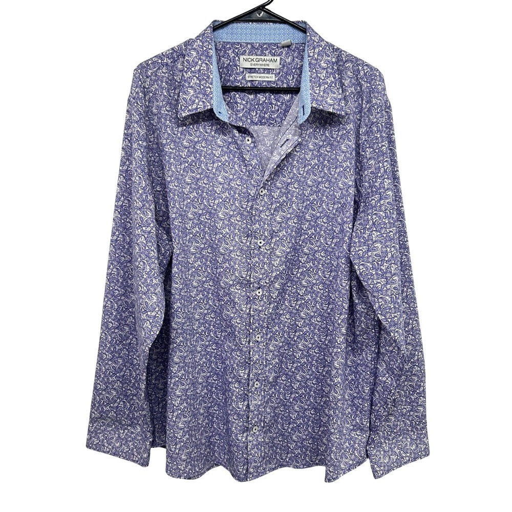 Nick Graham Paisley Stretch Button Down Shirt 2XL Blue Modern Fit Preppy Classic